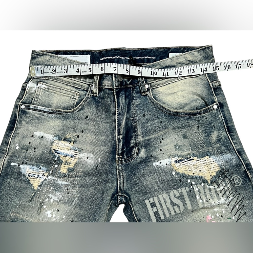 First Row Distressed Ripped Denim Jean Shorts Men’s Paint Splatter Jorts size 30 - Picture 3 of 12